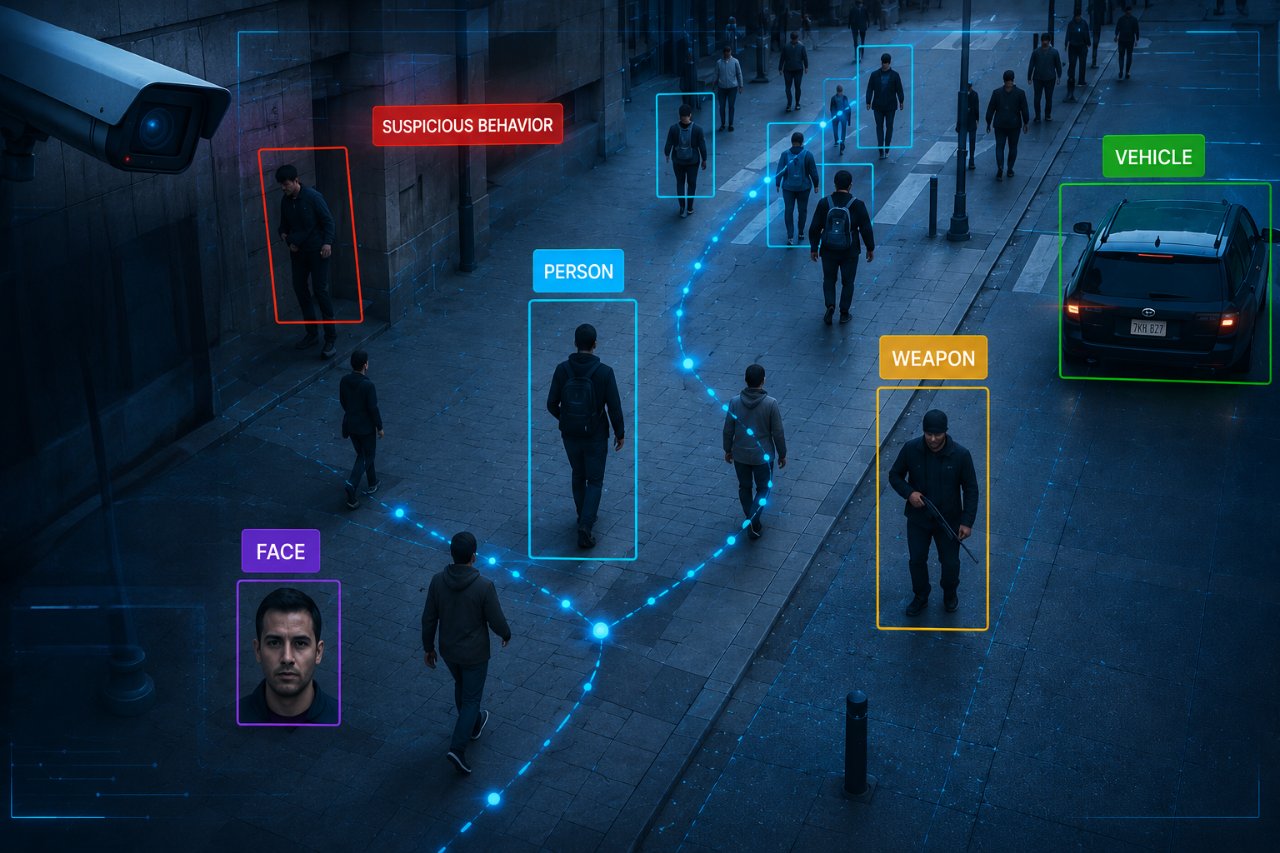 FACES2 AI Scout live multi-object detection: face, person, weapon, vehicle, and suspicious behaviour
